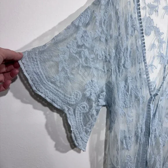 Womens Pastel Blue Lace Long Line Cardigan One Size Fairycore Boho Romantic - Picture 2 of 5